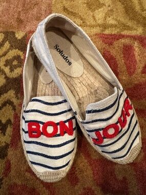 Soludos Women’s Bonjour' Navy Stripe Espadrilles in White & Red Sz 6